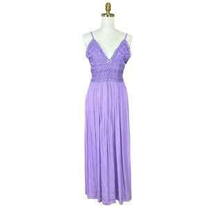Lavender Crochet Lace V-Neck Maxi Dress Purple Boho Smocked Back Fairy Summer XL